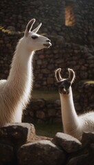 Naklejka premium Ancient serenity llamas graze peacefully amidst Inca ruins bathed in gentle light shadows
