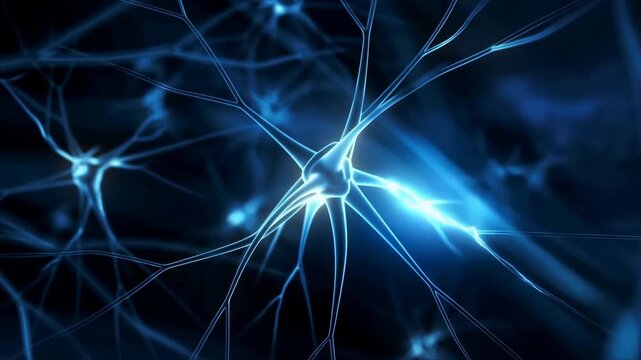 Bright Blue Nerve Cells Pulse Across Detailed Microscopic Web Of Electrical Synapses And Elongated Fibers