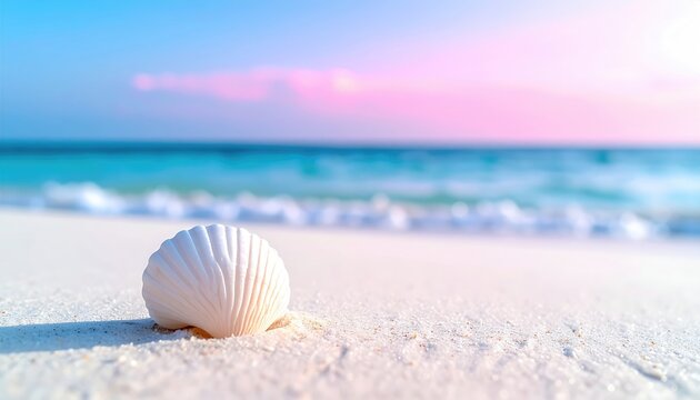 White Seashell on Sandy Beach with Ocean Background.