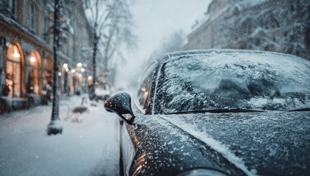 Snowy urban street scene with a snow-covered car