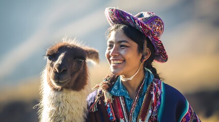 Naklejka premium Joyful Andean woman smiles beside a llama bathed in warm morning light mountain backdrop