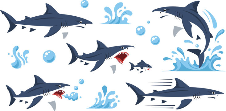 Shark movement and behavior illustration set with swimming jumping hunting and attack scenes in dynamic flat design isolated on white background
