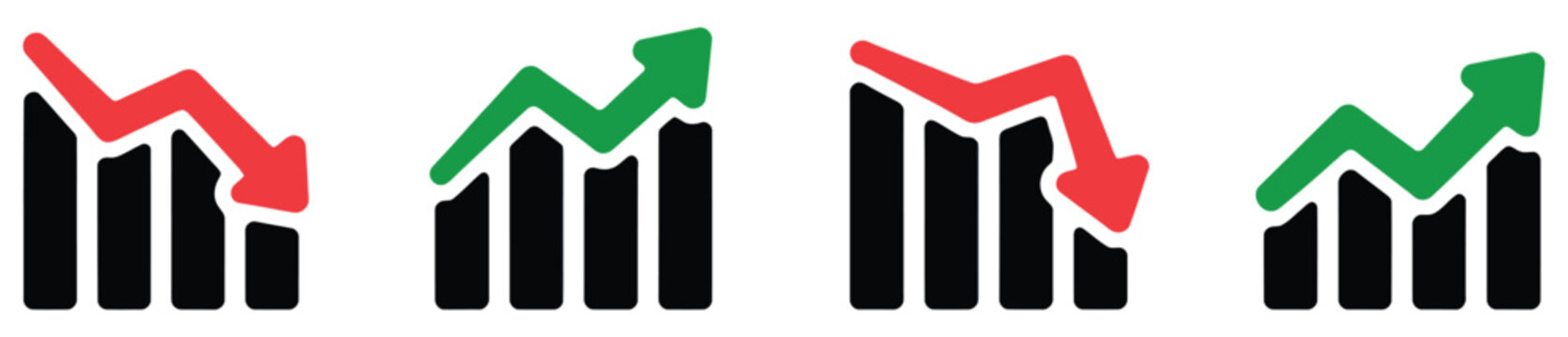 Growing graph icon set showcasing upward and downward trend lines, business growth visuals, and dynamic chart elements perfect for economic data, performance tracking, and strategic planning