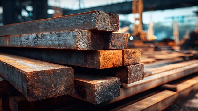 Steel beams stacked at construction site.
