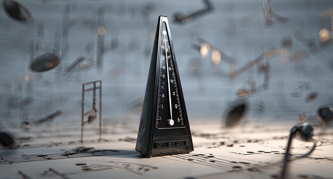 A triangular metronome stands on sheet music amidst floating musical notes