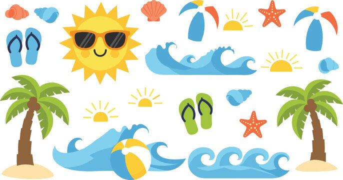 Summer beach vector set with sun waves palm trees flip flops starfish and tropical vacation elements cute flat style isolated on white background