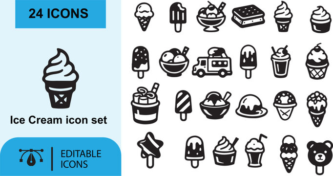 Set of colorful food vector icons featuring cake coffee sandwich pizza burger cupcake and other sweet bakery items in a simple cartoon style