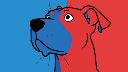 Dog with bright colors stands out against a split red and blue background showing the unique design and style © hakule