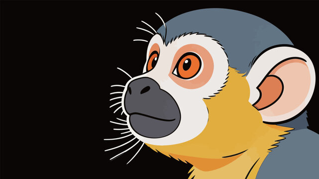 Cartoon drawing of a monkey with bright orange eyes and a yellow face, set against a black background in a simple art style
