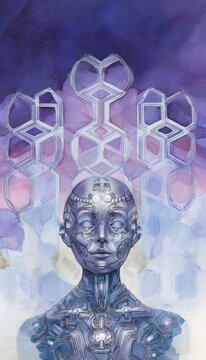 Mystical humanoid portrait reveals a futuristic alien world bathed in soft watercolor light