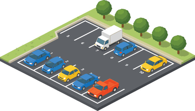 Isometric parking lot vector illustration featuring cars and truck in organized spaces, urban transport concept, outdoor vehicle parking area design