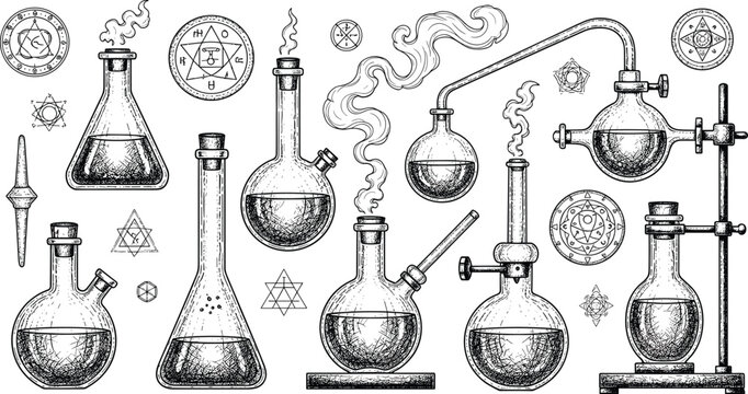 Vintage алхيمي laboratory illustration set with antique glass flasks distillation apparatus mystical symbols and engraved sketch style isolated on white background