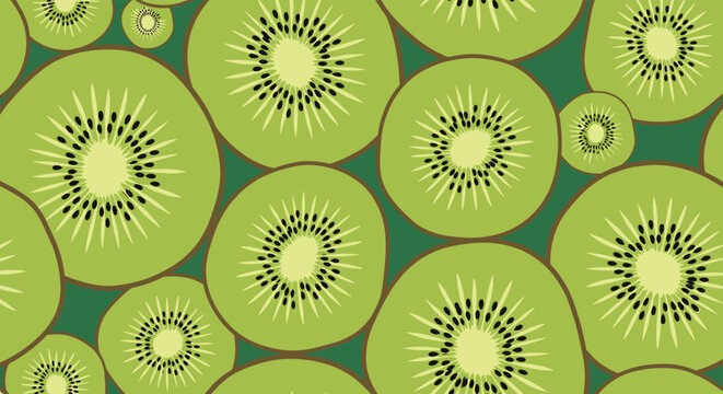 Vibrant and colorful seamless pattern featuring many cross-sections of sliced kiwi fruit with green flesh and black seeds for summer themes.