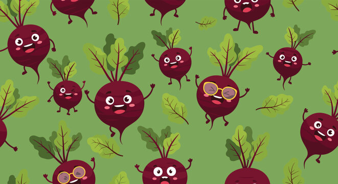 Seamless pattern of happy beet characters with smiling faces and glasses scattered on a green background with leaves.