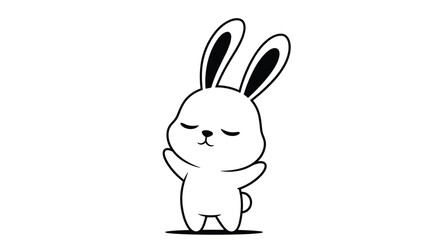 Obraz premium Simple black and white line drawing of a happy cartoon bunny rabbit with closed eyes and raised paws in a state of joy.