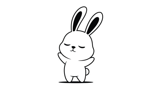 Simple black and white line drawing of a happy cartoon bunny rabbit with closed eyes and raised paws in a state of joy.