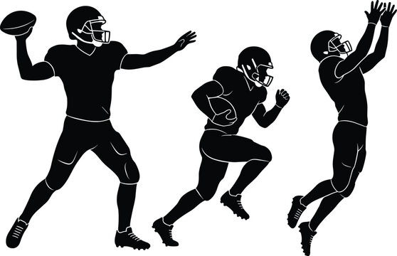 Set of American football player silhouettes including quarterback throwing ball running back and wide receiver catching isolated on white background for sports design projects
