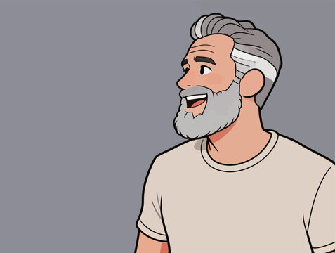 Man with gray beard smiles while looking to the side in a simple and clean setting