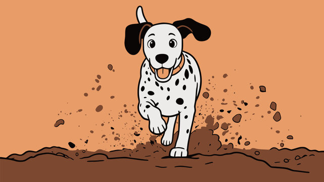 Dalmatian dog runs playfully in dirt against an orange background on a sunny day with a joyful expression