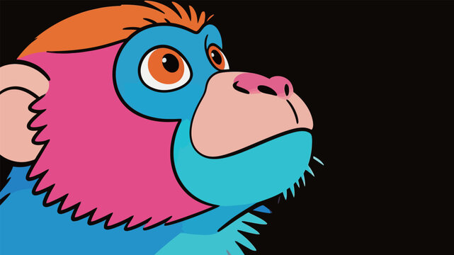 Colorful monkey illustration shows vibrant features in a cartoon style against a dark background