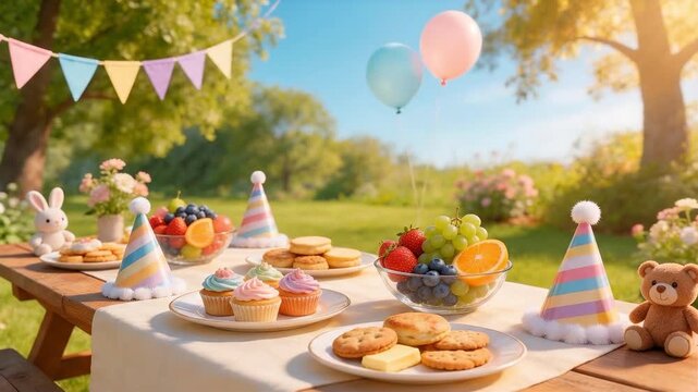Outdoor picnic party table with colorful decorations, snacks, and sweets, suitable for birthday celebration, children event, summer gathering, and family picnic.