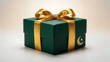 Obraz premium Eid Al-Adha Eid al-Fitr A beautifully wrapped green gift box with a gold ribbon and bow on a plain background