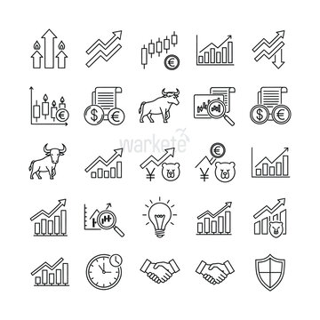 Set of outline icons representing financial market trends, business growth, investment, and economic indicators.