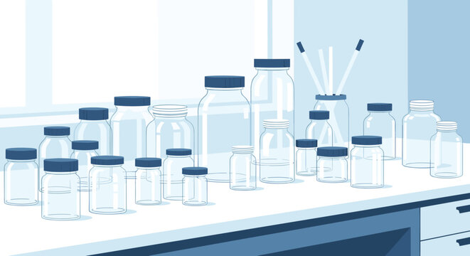Collection of various sizes of empty glass laboratory jars and bottles arranged on a blue lab bench with windows.