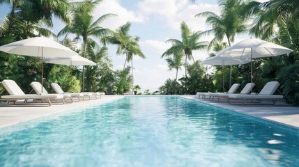 Fototapeta premium Sunny day at a tropical pool with loungers and umbrellas by palm trees