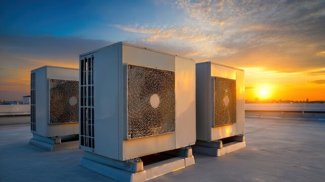 Air conditioning units on rooftop with bright sunset and warm sunlight