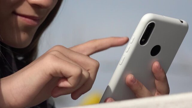 Teenager Child Playing Smartphone, Kid Browsing Internet on Smart Phone in Park, Adolescent Girl use Devices Outdoor at Playground