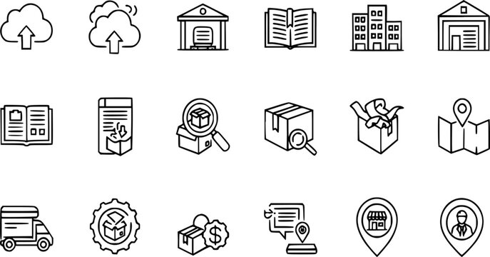 Black outline vector icons set illustrating various essential components for modern digital e-commerce logistics fulfillment tracking ordering and secure online shopping processes.