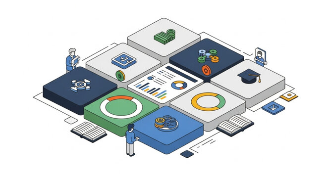 Isometric Illustration of Business and Education Concepts with Interconnected Blocks.