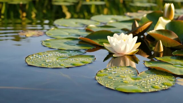 Water lily blossom reflecting in a pond with lily pads covered in water droplets in golden sunlight