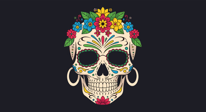 Detailed colorful sugar skull decorated with flowers and traditional Mexican patterns for the Day of the Dead celebration.