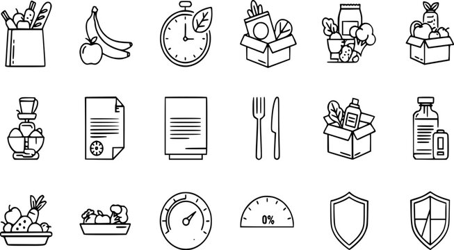 Comprehensive graphic illustration collection featuring various health, diet, and grocery shopping related symbols for healthy lifestyle, cooking, recipe management, and wellness applications design