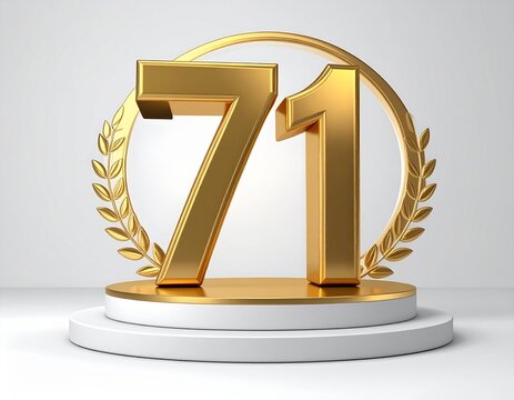 Golden number 71 on a podium with laurel wreath decoration