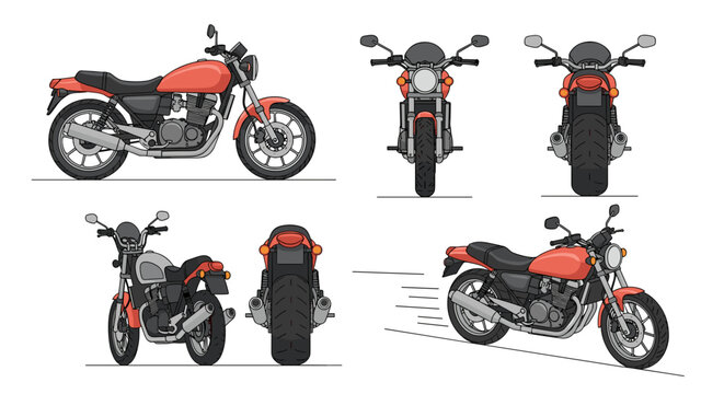 A set of vector illustrations showcasing a red and black motorcycle from multiple angles.