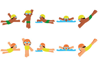 Obraz premium Swimming-Poses-Set-Freestyle-Backstroke-Breaststroke-and-Diving