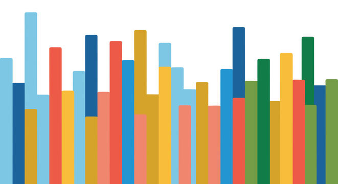 A colorful bar graph illustration with various bars of different heights and colors on a white background