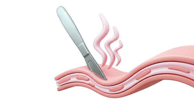 Scalpel cutting through pink biological tissue with steam
