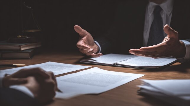 Professional discussion with documents and hands in a dimly lit office setting