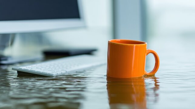 Orange coffee cup on flooded desk with computer and keyboard