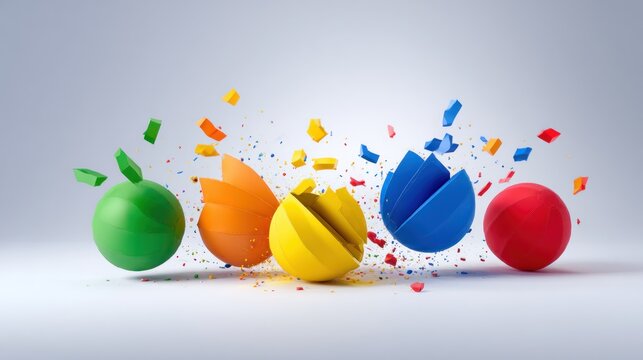 Abstract illustration of colorful spheres and geometric shapes exploding