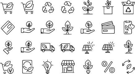 Fototapeta premium Set of Hand Drawn Outline Vector Icons Representing Sustainable Ecology Green Business Commerce Finance Recycling Energy Shopping And Environmental Growth Concepts