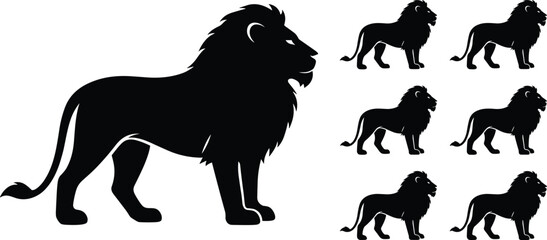 Black silhouette lions including large lion and multiple smaller lions, standing poses with mane and tail illustration design © Hello There