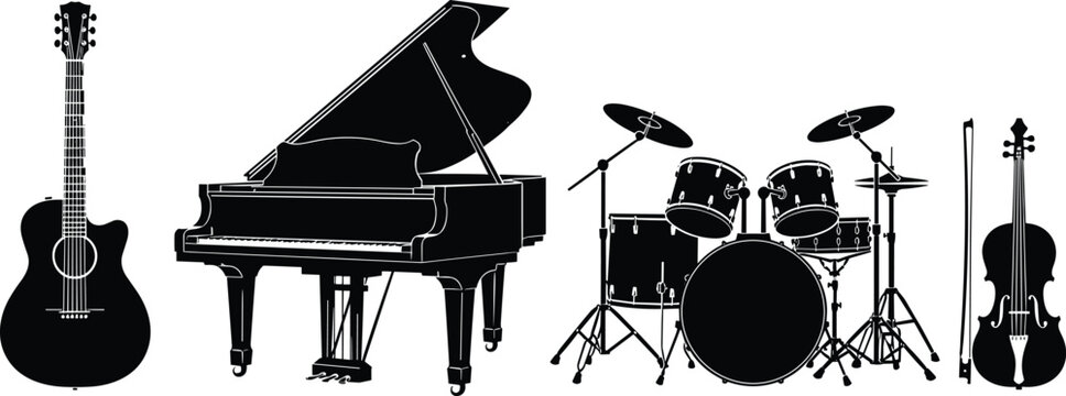 Black silhouette icons of musical instruments including acoustic guitar, grand piano, drum set, violin with bow illustration