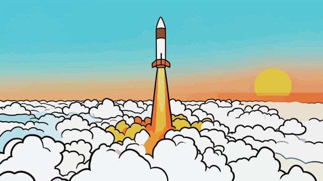 Rocket launches into clouds at sunset with bright colors and a clear sky