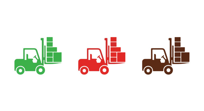 Forklifts with colored boxes on pallets for warehouse logistics and transportation
