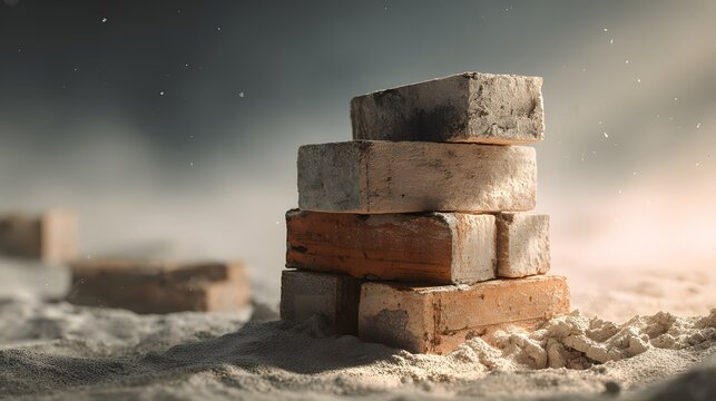 Stack of bricks on sandy ground with soft sunlight.